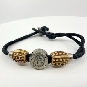 Vintage Black Cord Bracelet Carved Bear Faux Stone Bead Southwestern Tribal Boho